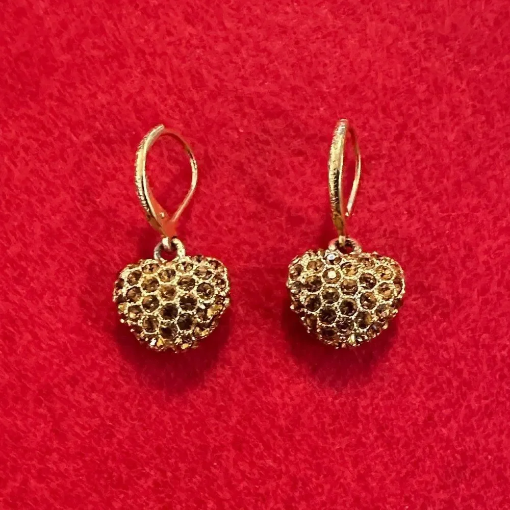 Joan Rivers Vintage Stamped Gold Amber Crystal Heart Drop Earrings